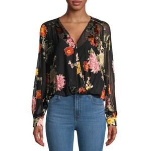 ASTR‎ The Label Black Bodysuit Blouse Women's XS Faux Wrap Floral Built-in Cami